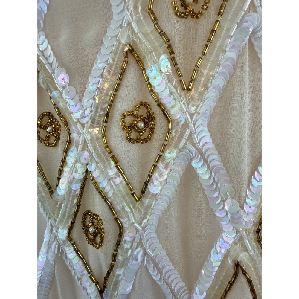 Vintage Silk Beaded Sequin Top White Gold Mermaidcore Pearl Beaded - Picture 9 of 9